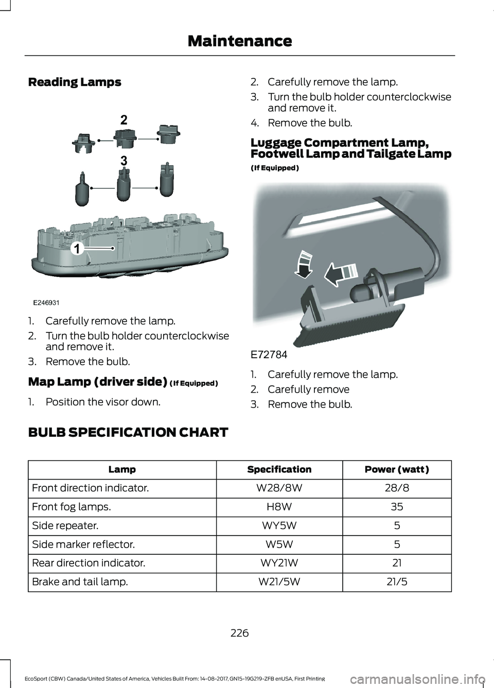 FORD ECOSPORT 2018  Owners Manual Reading Lamps
1.Carefully remove the lamp.
2.Turn the bulb holder counterclockwiseand remove it.
3.Remove the bulb.
Map Lamp (driver side) (If Equipped)
1.Position the visor down.
2.Carefully remove t