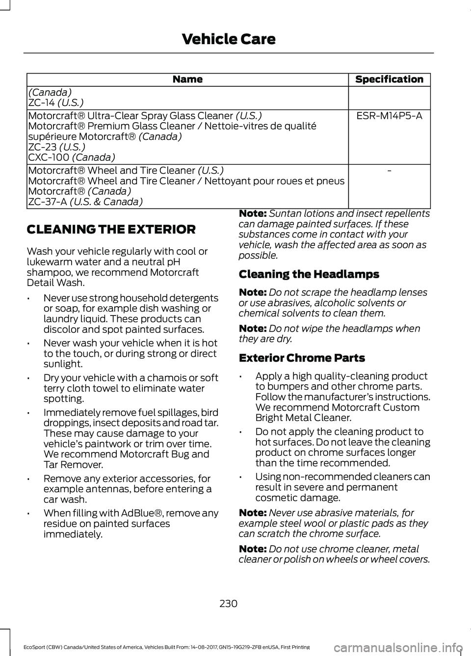 FORD ECOSPORT 2018 Owners Manual SpecificationName
(Canada)ZC-14 (U.S.)
ESR-M14P5-AMotorcraft® Ultra-Clear Spray Glass Cleaner (U.S.)Motorcraft® Premium Glass Cleaner / Nettoie-vitres de qualitésupérieure Motorcraft® (Canada)ZC- FORD ECOSPORT 2018 Owners Manual SpecificationName
(Canada)ZC-14 (U.S.)
ESR-M14P5-AMotorcraft® Ultra-Clear Spray Glass Cleaner (U.S.)Motorcraft® Premium Glass Cleaner / Nettoie-vitres de qualitésupérieure Motorcraft® (Canada)ZC-