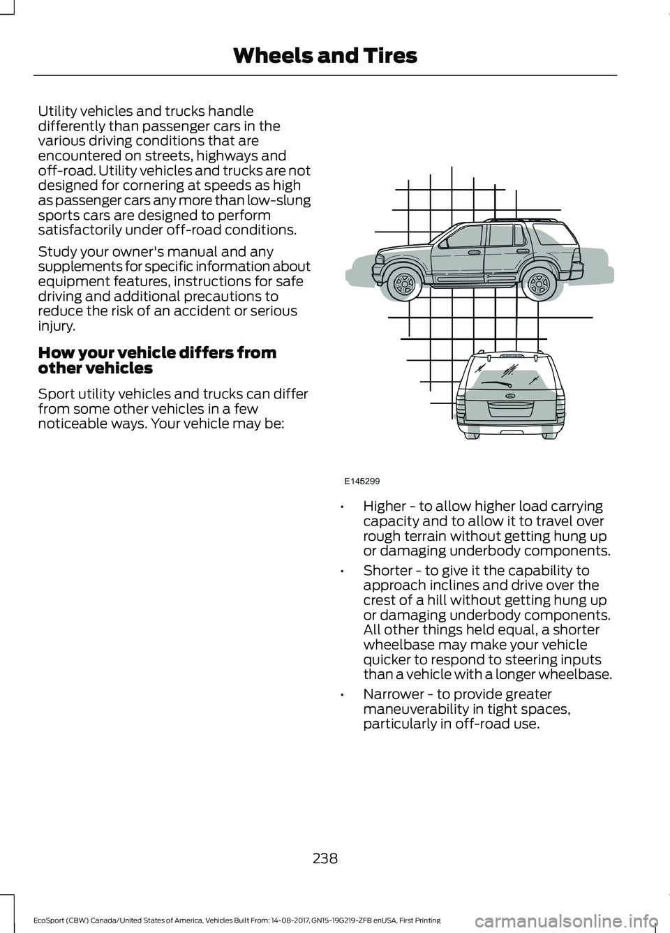 FORD ECOSPORT 2018 Owners Manual Utility vehicles and trucks handledifferently than passenger cars in thevarious driving conditions that areencountered on streets, highways andoff-road. Utility vehicles and trucks are notdesigned for FORD ECOSPORT 2018 Owners Manual Utility vehicles and trucks handledifferently than passenger cars in thevarious driving conditions that areencountered on streets, highways andoff-road. Utility vehicles and trucks are notdesigned for