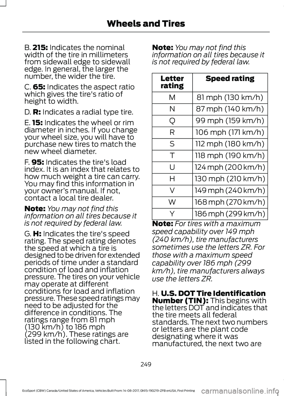 FORD ECOSPORT 2018 Owners Manual B.215: Indicates the nominalwidth of the tire in millimetersfrom sidewall edge to sidewalledge. In general, the larger thenumber, the wider the tire.
C.65: Indicates the aspect ratiowhich gives the ti FORD ECOSPORT 2018 Owners Manual B.215: Indicates the nominalwidth of the tire in millimetersfrom sidewall edge to sidewalledge. In general, the larger thenumber, the wider the tire.
C.65: Indicates the aspect ratiowhich gives the ti