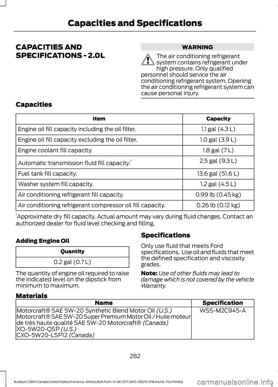 FORD ECOSPORT 2018  Owners Manual CAPACITIES AND
SPECIFICATIONS - 2.0L
WARNING
The air conditioning refrigerantsystem contains refrigerant underhigh pressure. Only qualifiedpersonnel should service the airconditioning refrigerant syst