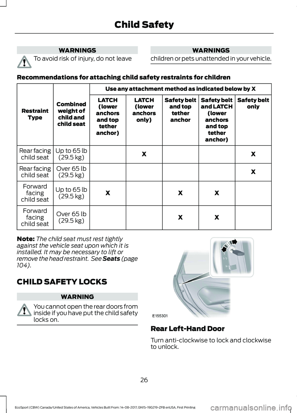 FORD ECOSPORT 2018 Owners Manual WARNINGS
To avoid risk of injury, do not leave
WARNINGS
children or pets unattended in your vehicle.
Recommendations for attaching child safety restraints for children
Use any attachment method as ind FORD ECOSPORT 2018 Owners Manual WARNINGS
To avoid risk of injury, do not leave
WARNINGS
children or pets unattended in your vehicle.
Recommendations for attaching child safety restraints for children
Use any attachment method as ind