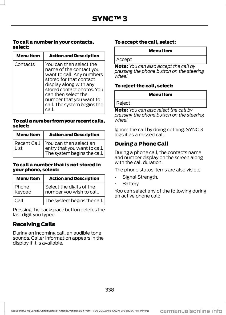FORD ECOSPORT 2018 Owners Manual To call a number in your contacts,select:
Action and DescriptionMenu Item
You can then select thename of the contact youwant to call. Any numbersstored for that contactdisplay along with anystored con FORD ECOSPORT 2018 Owners Manual To call a number in your contacts,select:
Action and DescriptionMenu Item
You can then select thename of the contact youwant to call. Any numbersstored for that contactdisplay along with anystored con