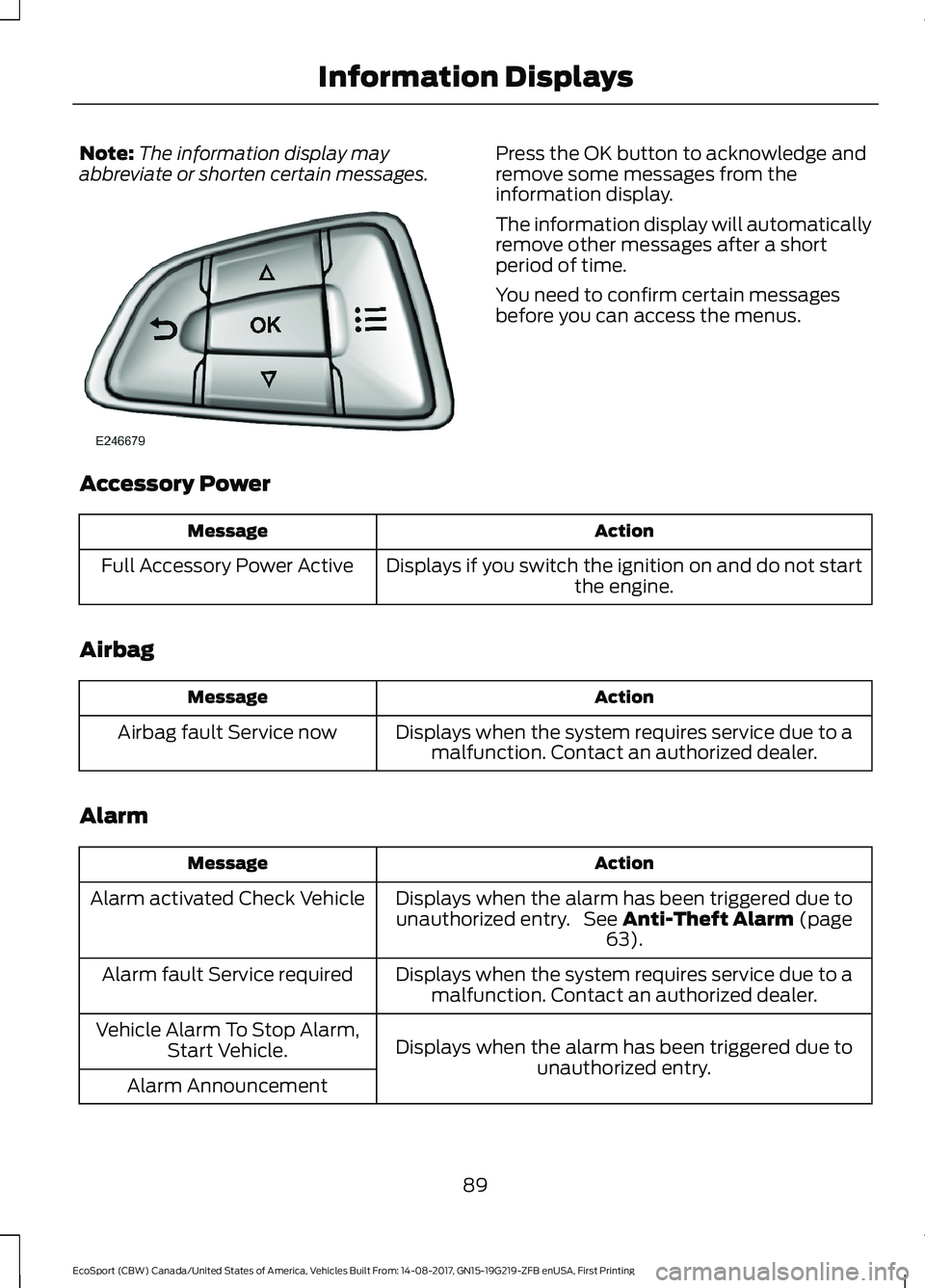 FORD ECOSPORT 2018 Owners Manual Note:The information display mayabbreviate or shorten certain messages.Press the OK button to acknowledge andremove some messages from theinformation display.
The information display will automaticall FORD ECOSPORT 2018 Owners Manual Note:The information display mayabbreviate or shorten certain messages.Press the OK button to acknowledge andremove some messages from theinformation display.
The information display will automaticall