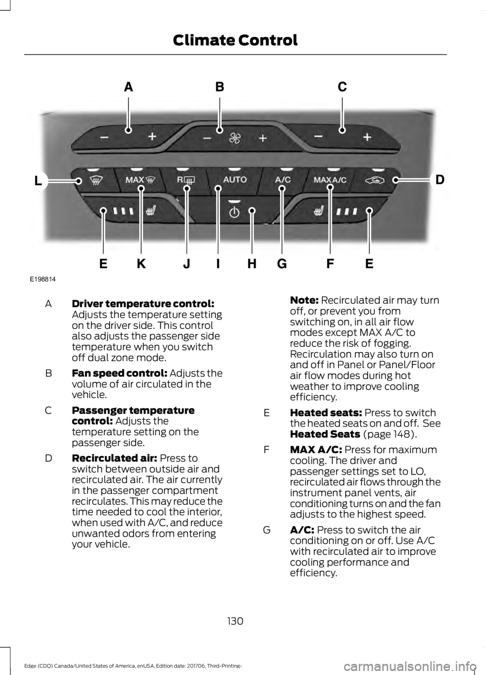 FORD EDGE 2018  Owners Manual Driver temperature control:
Adjusts the temperature setting
on the driver side. This control
also adjusts the passenger side
temperature when you switch
off dual zone mode.
A
Fan speed control: Adjust