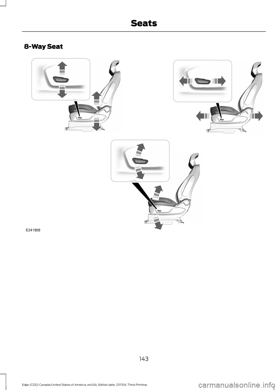 FORD EDGE 2018  Owners Manual 8-Way Seat
143
Edge (CDQ) Canada/United States of America, enUSA, Edition date: 201706, Third-Printing- SeatsE241858     