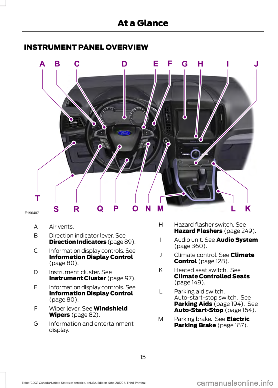 FORD EDGE 2018  Owners Manual INSTRUMENT PANEL OVERVIEW
Air vents.
A
Direction indicator lever. See
Direction Indicators (page 89).
B
Information display controls. See
Information Display Control
(page 
80).
C
Instrument cluster.
