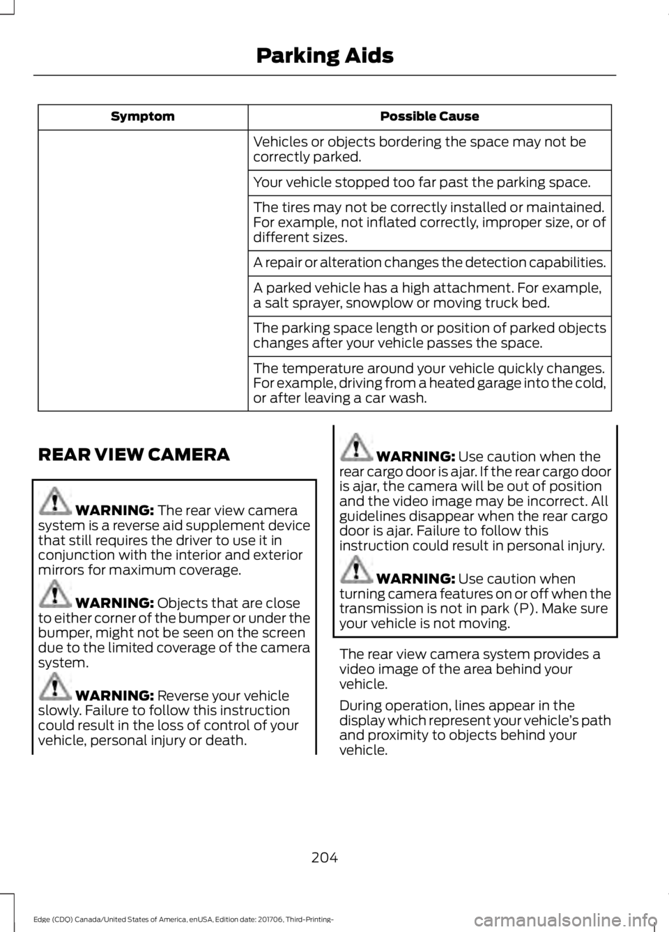 FORD EDGE 2018 Owners Manual Possible Cause
Symptom
Vehicles or objects bordering the space may not be
correctly parked.
Your vehicle stopped too far past the parking space.
The tires may not be correctly installed or maintained. FORD EDGE 2018 Owners Manual Possible Cause
Symptom
Vehicles or objects bordering the space may not be
correctly parked.
Your vehicle stopped too far past the parking space.
The tires may not be correctly installed or maintained.