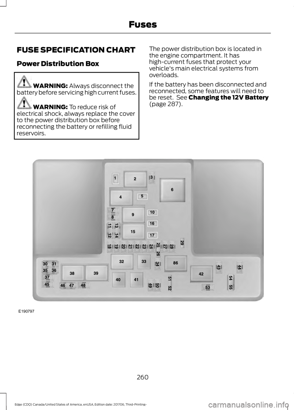 FORD EDGE 2018  Owners Manual FUSE SPECIFICATION CHART
Power Distribution Box
WARNING: Always disconnect the
battery before servicing high current fuses. WARNING: 
To reduce risk of
electrical shock, always replace the cover
to th