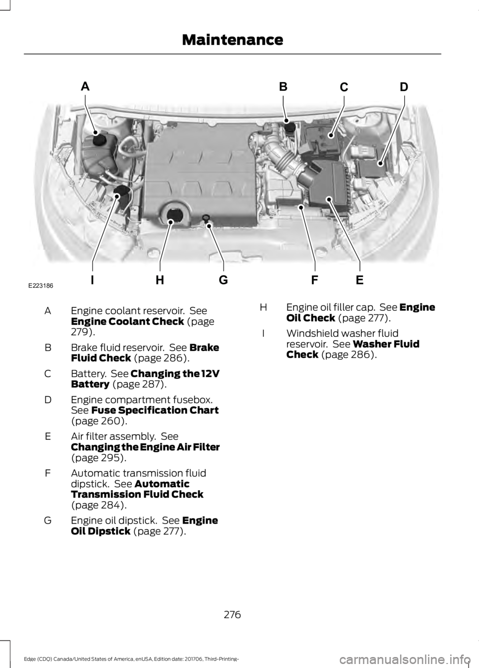 FORD EDGE 2018 Owners Manual Engine coolant reservoir. See
Engine Coolant Check (page
279).
A
Brake fluid reservoir. See
Brake
Fluid Check (page 286).
B
Battery. See
Changing the 12V
Battery (page 287).
C
Engine compartment FORD EDGE 2018 Owners Manual Engine coolant reservoir. See
Engine Coolant Check (page
279).
A
Brake fluid reservoir. See
Brake
Fluid Check (page 286).
B
Battery. See
Changing the 12V
Battery (page 287).
C
Engine compartment