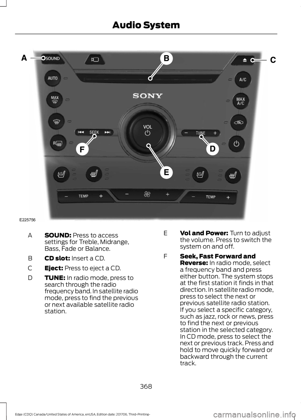 FORD EDGE 2018 Owners Manual SOUND: Press to access
settings for Treble, Midrange,
Bass, Fade or Balance.
A
CD slot:
Insert a CD.
B
Eject:
Press to eject a CD.
C
TUNE:
In radio mode, press to
search through the radio
frequency FORD EDGE 2018 Owners Manual SOUND: Press to access
settings for Treble, Midrange,
Bass, Fade or Balance.
A
CD slot:
Insert a CD.
B
Eject:
Press to eject a CD.
C
TUNE:
In radio mode, press to
search through the radio
frequency