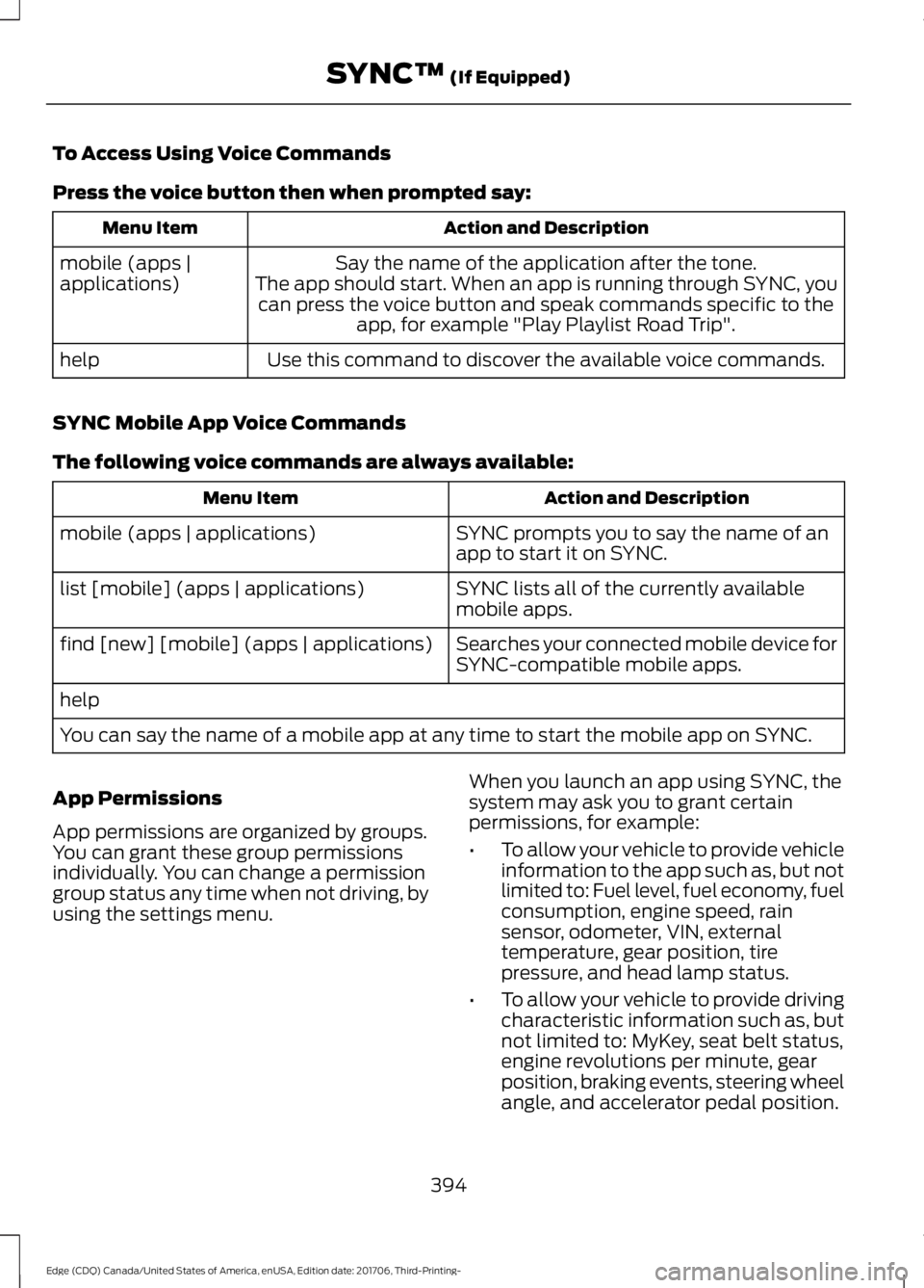 FORD EDGE 2018 Owners Manual To Access Using Voice Commands
Press the voice button then when prompted say:
Action and Description
Menu Item
Say the name of the application after the tone.
The app should start. When an app is runn FORD EDGE 2018 Owners Manual To Access Using Voice Commands
Press the voice button then when prompted say:
Action and Description
Menu Item
Say the name of the application after the tone.
The app should start. When an app is runn
