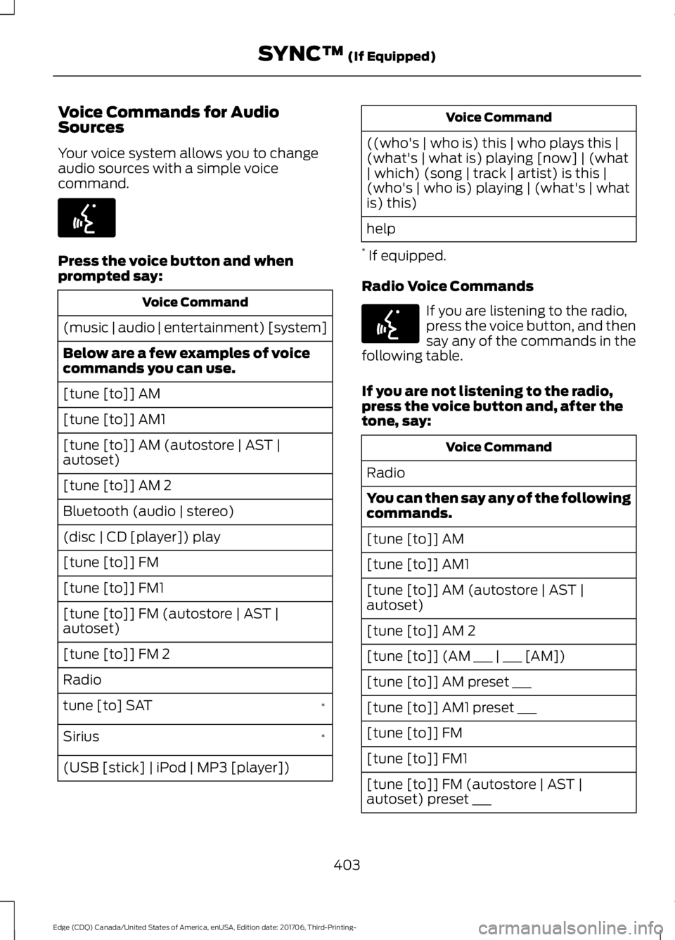 FORD EDGE 2018 Owners Manual Voice Commands for Audio
Sources
Your voice system allows you to change
audio sources with a simple voice
command.
Press the voice button and when
prompted say:
Voice Command
(music | audio | entertai FORD EDGE 2018 Owners Manual Voice Commands for Audio
Sources
Your voice system allows you to change
audio sources with a simple voice
command.
Press the voice button and when
prompted say:
Voice Command
(music | audio | entertai