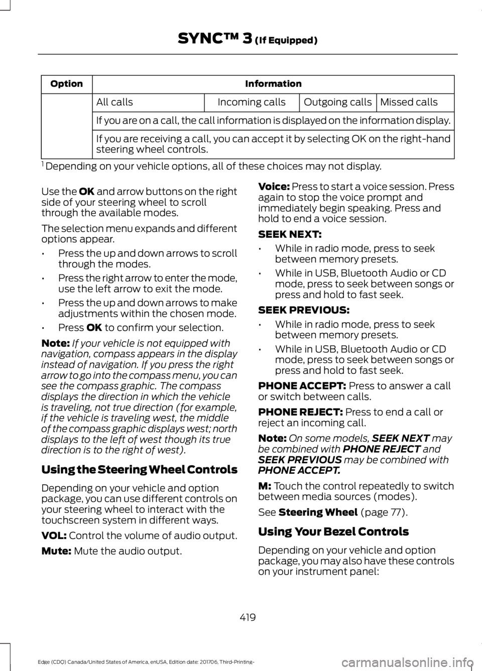 FORD EDGE 2018 Service Manual Information
Option
Missed calls
Outgoing calls
Incoming calls
All calls
If you are on a call, the call information is displayed on the information display.
If you are receiving a call, you can accept FORD EDGE 2018 Service Manual Information
Option
Missed calls
Outgoing calls
Incoming calls
All calls
If you are on a call, the call information is displayed on the information display.
If you are receiving a call, you can accept