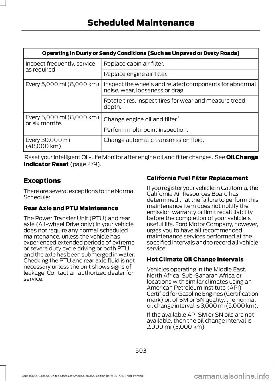 FORD EDGE 2018 Service Manual Operating in Dusty or Sandy Conditions (Such as Unpaved or Dusty Roads)
Replace cabin air filter.
Inspect frequently, service
as required
Replace engine air filter.
Inspect the wheels and related comp FORD EDGE 2018 Service Manual Operating in Dusty or Sandy Conditions (Such as Unpaved or Dusty Roads)
Replace cabin air filter.
Inspect frequently, service
as required
Replace engine air filter.
Inspect the wheels and related comp