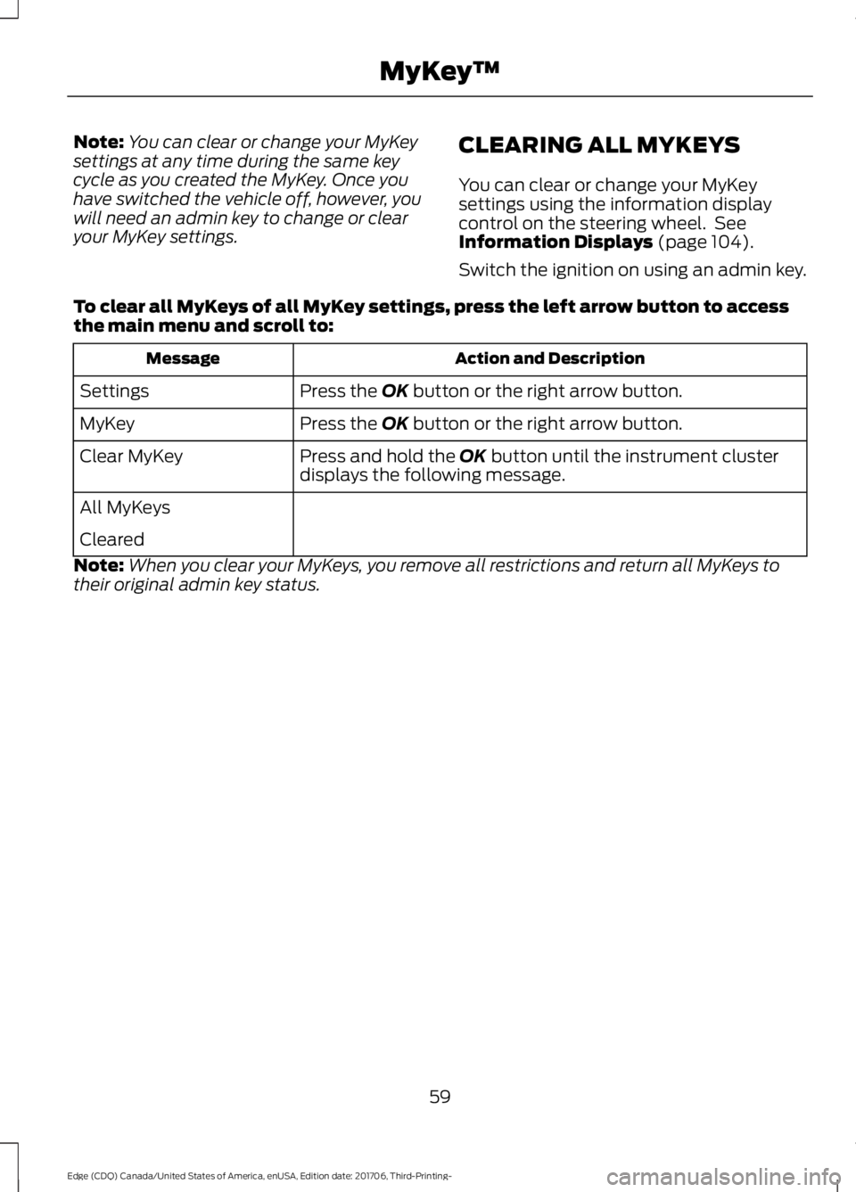FORD EDGE 2018 Owners Manual Note:
You can clear or change your MyKey
settings at any time during the same key
cycle as you created the MyKey. Once you
have switched the vehicle off, however, you
will need an admin key to change FORD EDGE 2018 Owners Manual Note:
You can clear or change your MyKey
settings at any time during the same key
cycle as you created the MyKey. Once you
have switched the vehicle off, however, you
will need an admin key to change