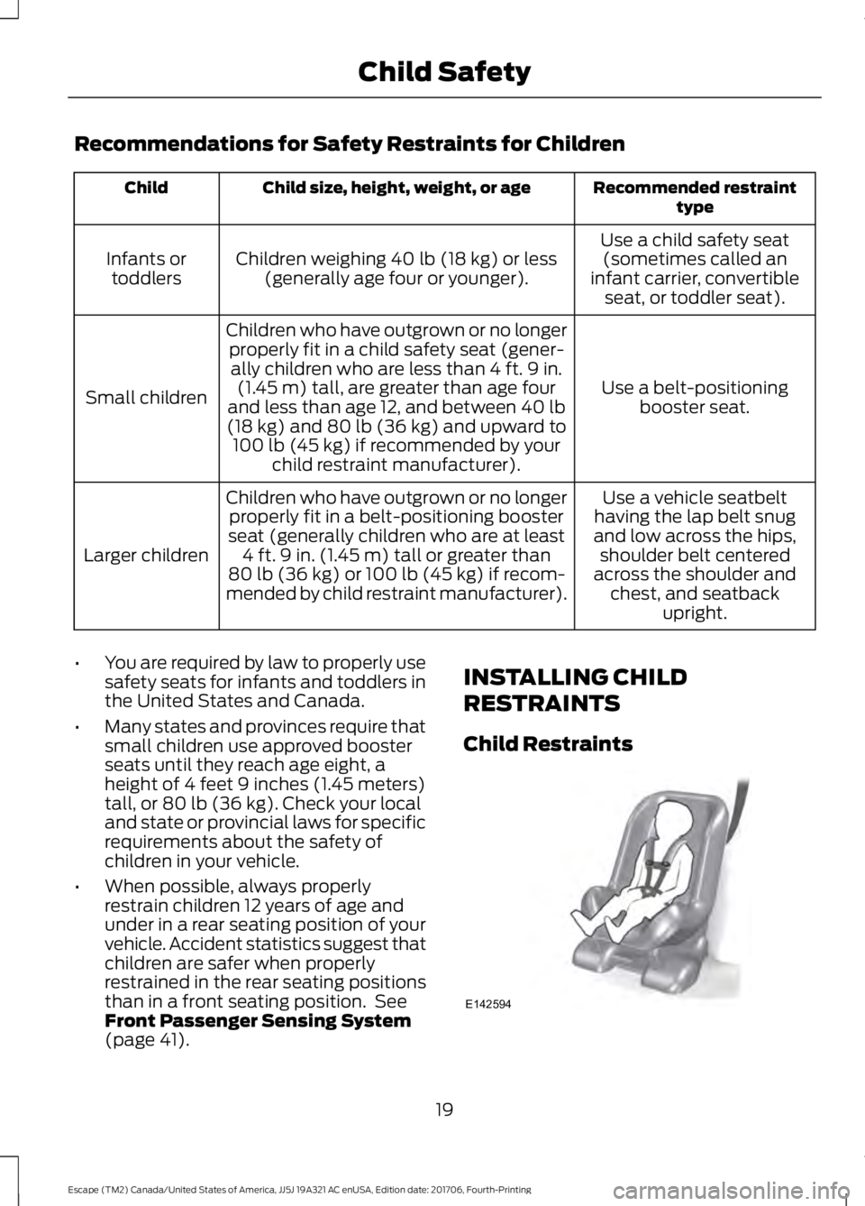 FORD ESCAPE 2018 Owners Manual Recommendations for Safety Restraints for Children
Recommended restraint
type
Child size, height, weight, or age
Child
Use a child safety seat(sometimes called an
infant carrier, convertible seat, or FORD ESCAPE 2018 Owners Manual Recommendations for Safety Restraints for Children
Recommended restraint
type
Child size, height, weight, or age
Child
Use a child safety seat(sometimes called an
infant carrier, convertible seat, or