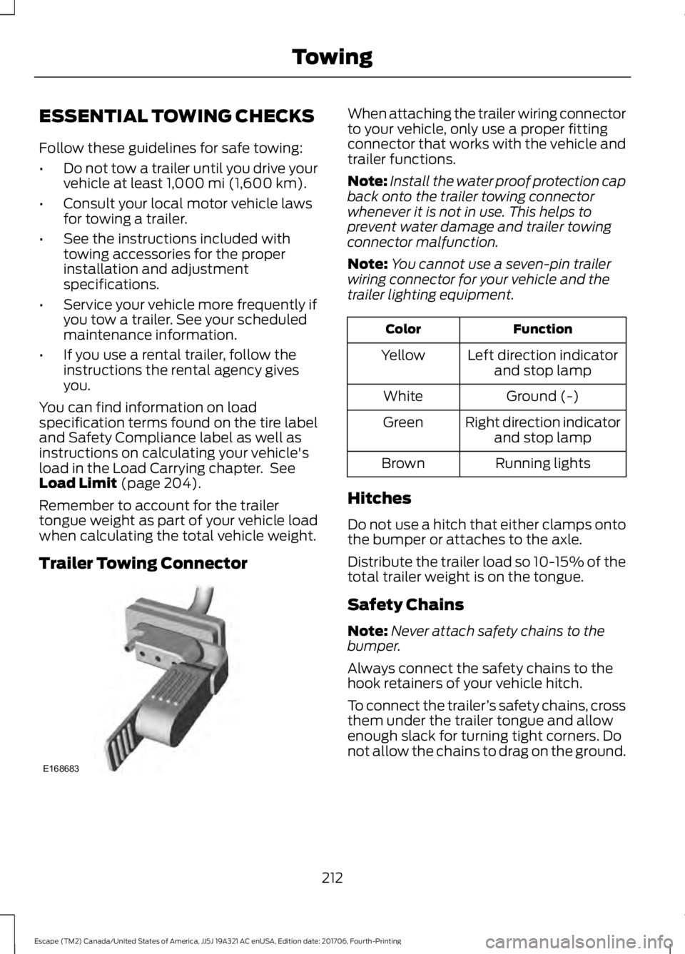 FORD ESCAPE 2018 Owners Manual ESSENTIAL TOWING CHECKS
Follow these guidelines for safe towing:
•
Do not tow a trailer until you drive your
vehicle at least 1,000 mi (1,600 km).
• Consult your local motor vehicle laws
for towin FORD ESCAPE 2018 Owners Manual ESSENTIAL TOWING CHECKS
Follow these guidelines for safe towing:
•
Do not tow a trailer until you drive your
vehicle at least 1,000 mi (1,600 km).
• Consult your local motor vehicle laws
for towin
