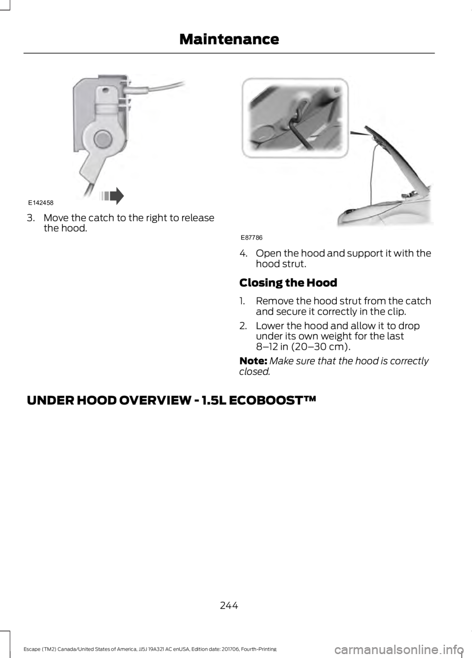 FORD ESCAPE 2018  Owners Manual 3. Move the catch to the right to release
the hood. 4.
Open the hood and support it with the
hood strut.
Closing the Hood
1. Remove the hood strut from the catch
and secure it correctly in the clip.
2