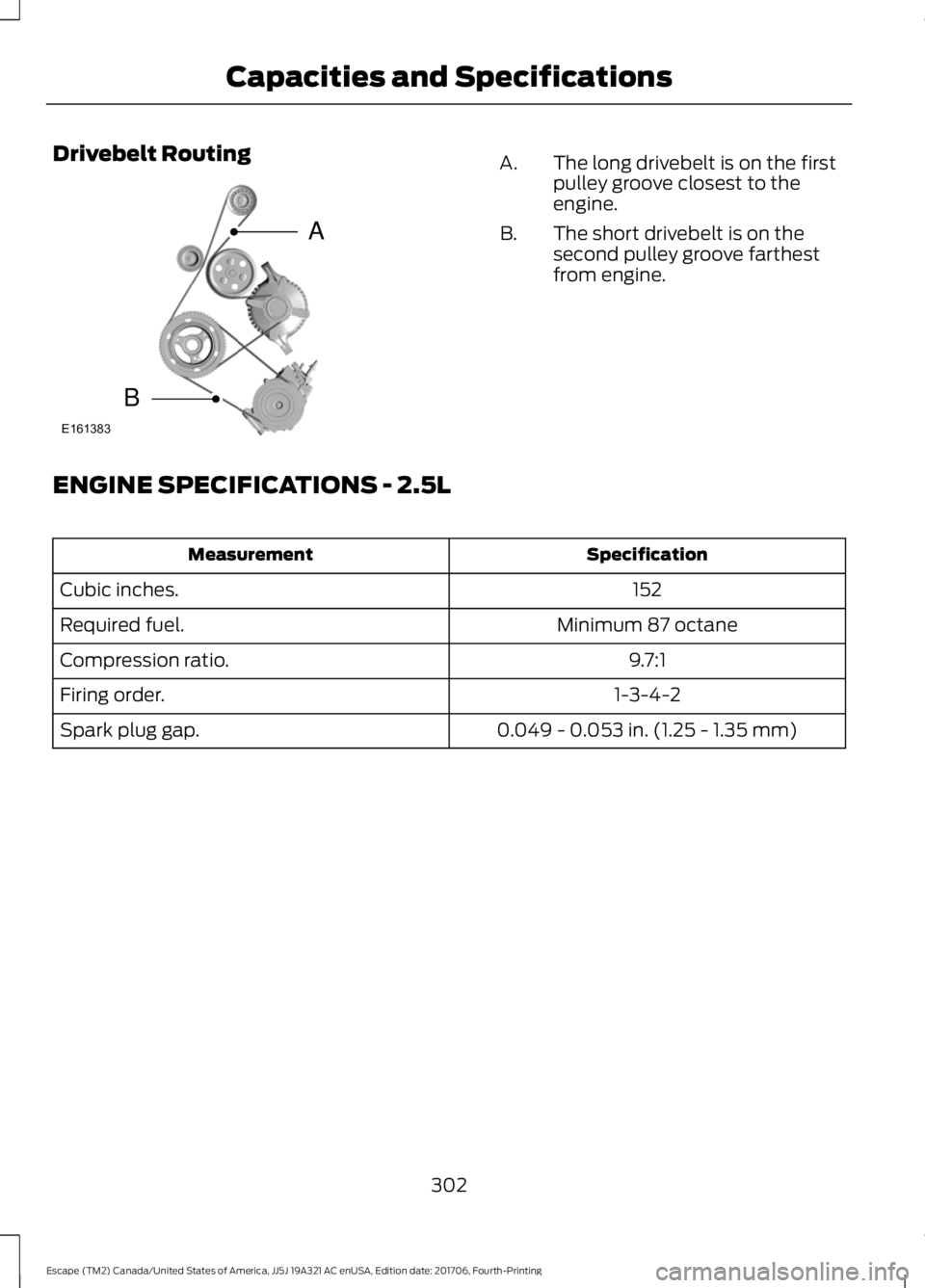 FORD ESCAPE 2018 Owners Manual Drivebelt Routing
The long drivebelt is on the first
pulley groove closest to the
engine.
A.
The short drivebelt is on the
second pulley groove farthest
from engine.
B.
ENGINE SPECIFICATIONS - 2.5L Sp FORD ESCAPE 2018 Owners Manual Drivebelt Routing
The long drivebelt is on the first
pulley groove closest to the
engine.
A.
The short drivebelt is on the
second pulley groove farthest
from engine.
B.
ENGINE SPECIFICATIONS - 2.5L Sp