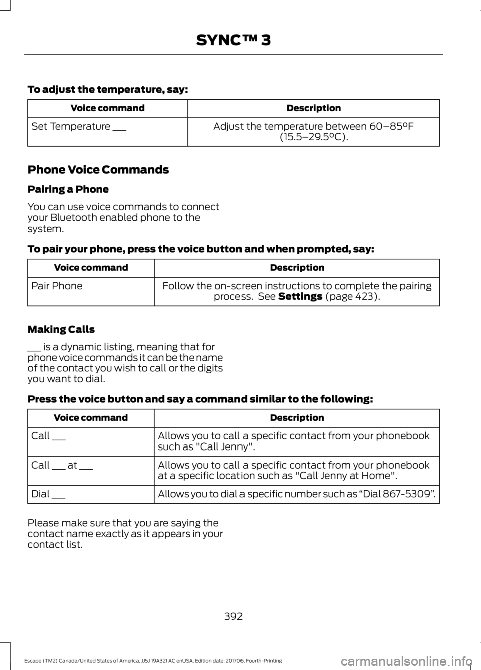 FORD ESCAPE 2018 Owners Manual To adjust the temperature, say:
Description
Voice command
Adjust the temperature between 60–85°F
(15.5– 29.5°C).
Set Temperature ___
Phone Voice Commands
Pairing a Phone
You can use voice comman FORD ESCAPE 2018 Owners Manual To adjust the temperature, say:
Description
Voice command
Adjust the temperature between 60–85°F
(15.5– 29.5°C).
Set Temperature ___
Phone Voice Commands
Pairing a Phone
You can use voice comman