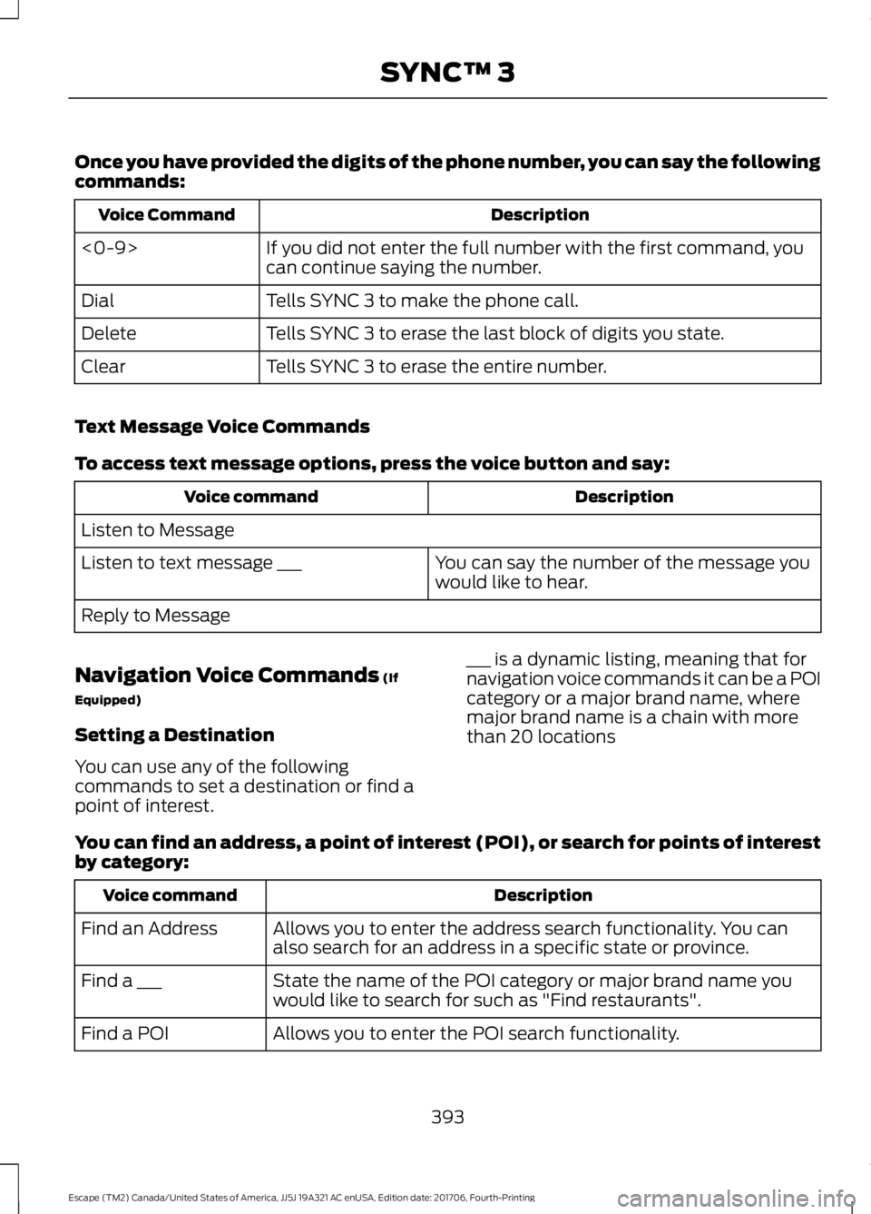 FORD ESCAPE 2018 Owners Manual Once you have provided the digits of the phone number, you can say the following
commands:
Description
Voice Command
If you did not enter the full number with the first command, you
can continue sayin FORD ESCAPE 2018 Owners Manual Once you have provided the digits of the phone number, you can say the following
commands:
Description
Voice Command
If you did not enter the full number with the first command, you
can continue sayin