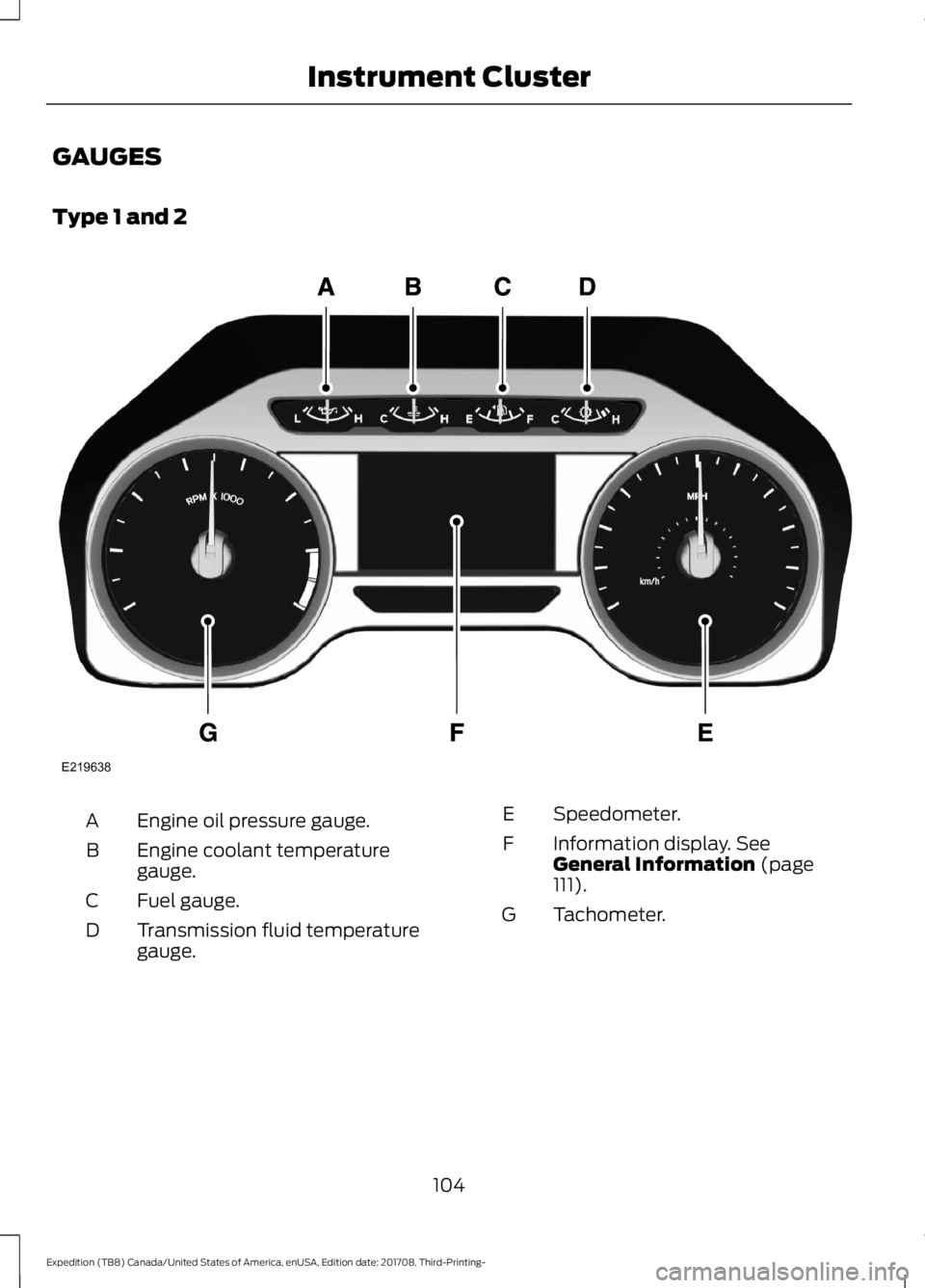 FORD EXPEDITION 2018  Owners Manual GAUGES
Type 1 and 2
Engine oil pressure gauge.
A
Engine coolant temperature
gauge.
B
Fuel gauge.
C
Transmission fluid temperature
gauge.
D Speedometer.
E
Information display. See
General Information (