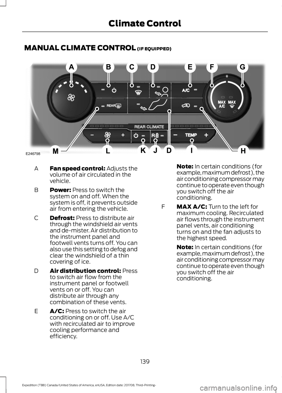 FORD EXPEDITION 2018  Owners Manual MANUAL CLIMATE CONTROL (IF EQUIPPED)
Fan speed control: Adjusts the
volume of air circulated in the
vehicle.
A
Power:
 Press to switch the
system on and off. When the
system is off, it prevents outsid