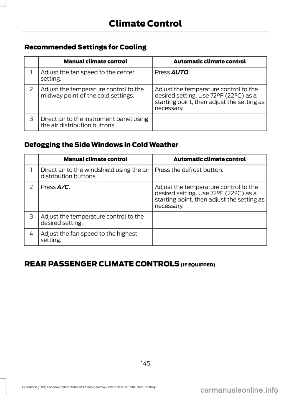 FORD EXPEDITION 2018 Owners Manual Recommended Settings for Cooling
Automatic climate control
Manual climate control
Press AUTO.
Adjust the fan speed to the center
setting.
1
Adjust the temperature control to the
desired setting. Use
FORD EXPEDITION 2018 Owners Manual Recommended Settings for Cooling
Automatic climate control
Manual climate control
Press AUTO.
Adjust the fan speed to the center
setting.
1
Adjust the temperature control to the
desired setting. Use