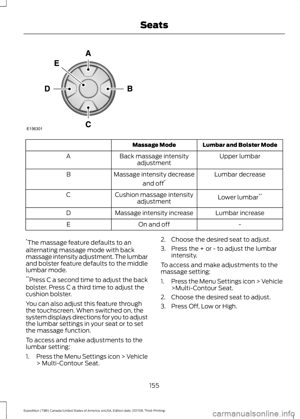 FORD EXPEDITION 2018  Owners Manual Lumbar and Bolster Mode
Massage Mode
Upper lumbar
Back massage intensity
adjustment
A
Lumbar decrease
Massage intensity decrease
and off*
B
Lower lumbar**
Cushion massage intensity
adjustment
C
Lumbar