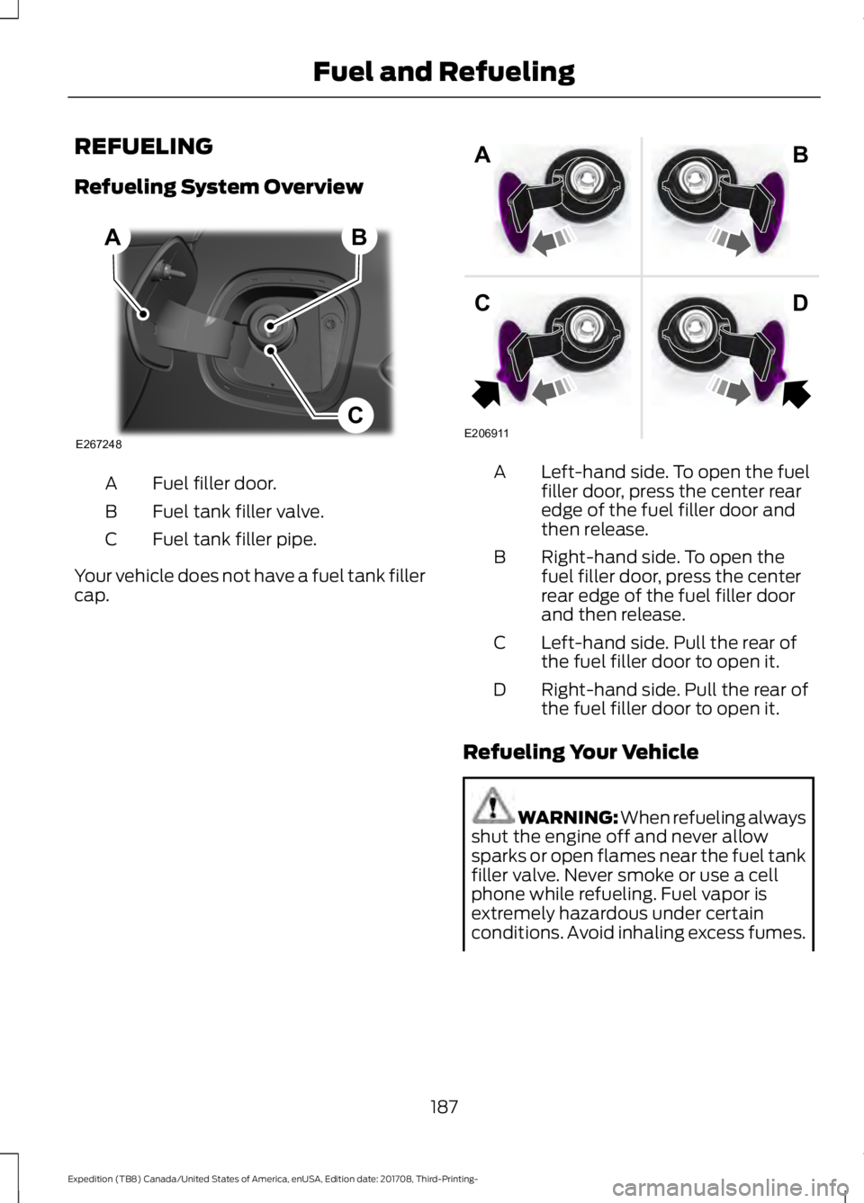 FORD EXPEDITION 2018  Owners Manual REFUELING
Refueling System Overview
Fuel filler door.
A
Fuel tank filler valve.
B
Fuel tank filler pipe.
C
Your vehicle does not have a fuel tank filler
cap. Left-hand side. To open the fuel
filler do