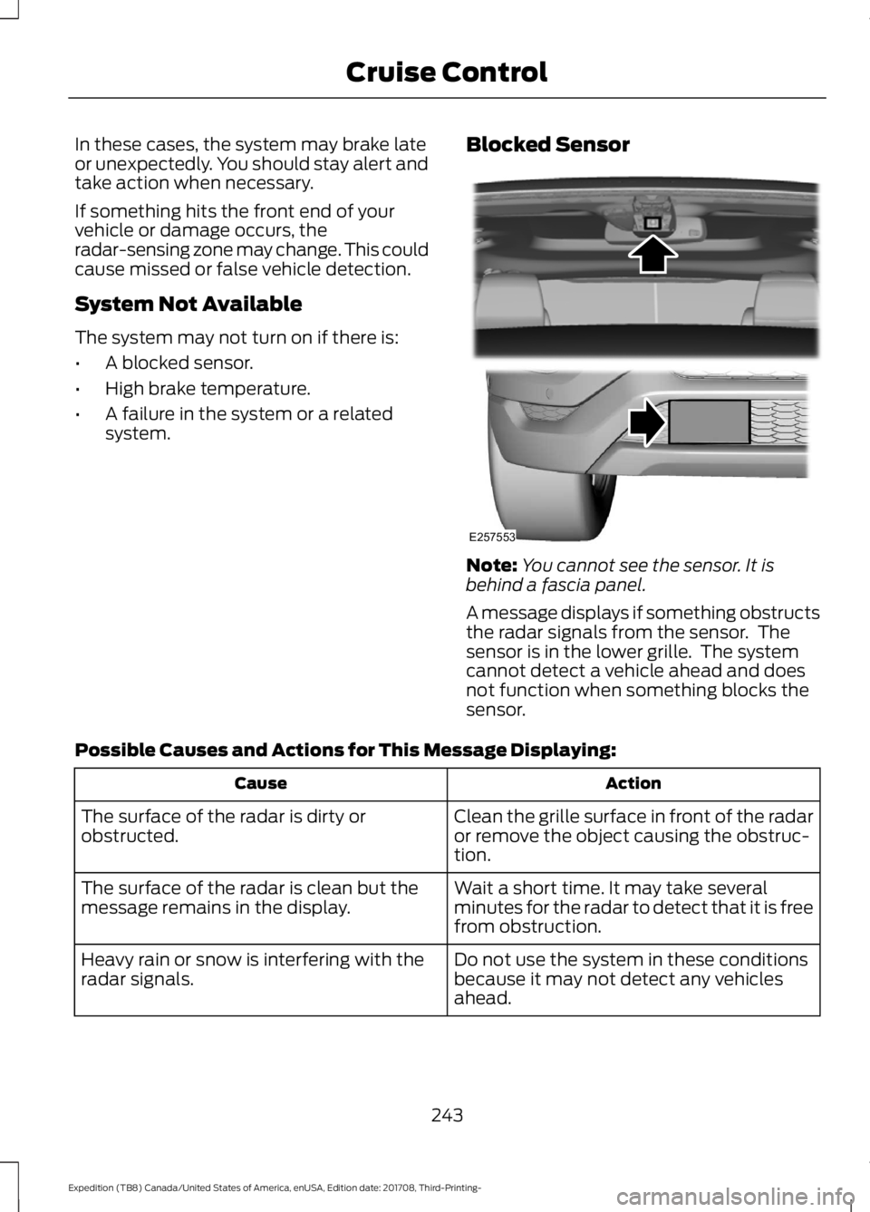 FORD EXPEDITION 2018  Owners Manual In these cases, the system may brake late
or unexpectedly. You should stay alert and
take action when necessary.
If something hits the front end of your
vehicle or damage occurs, the
radar-sensing zon