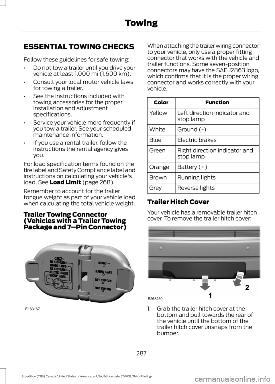 FORD EXPEDITION 2018  Owners Manual ESSENTIAL TOWING CHECKS
Follow these guidelines for safe towing:
•
Do not tow a trailer until you drive your
vehicle at least 1,000 mi (1,600 km).
• Consult your local motor vehicle laws
for towin