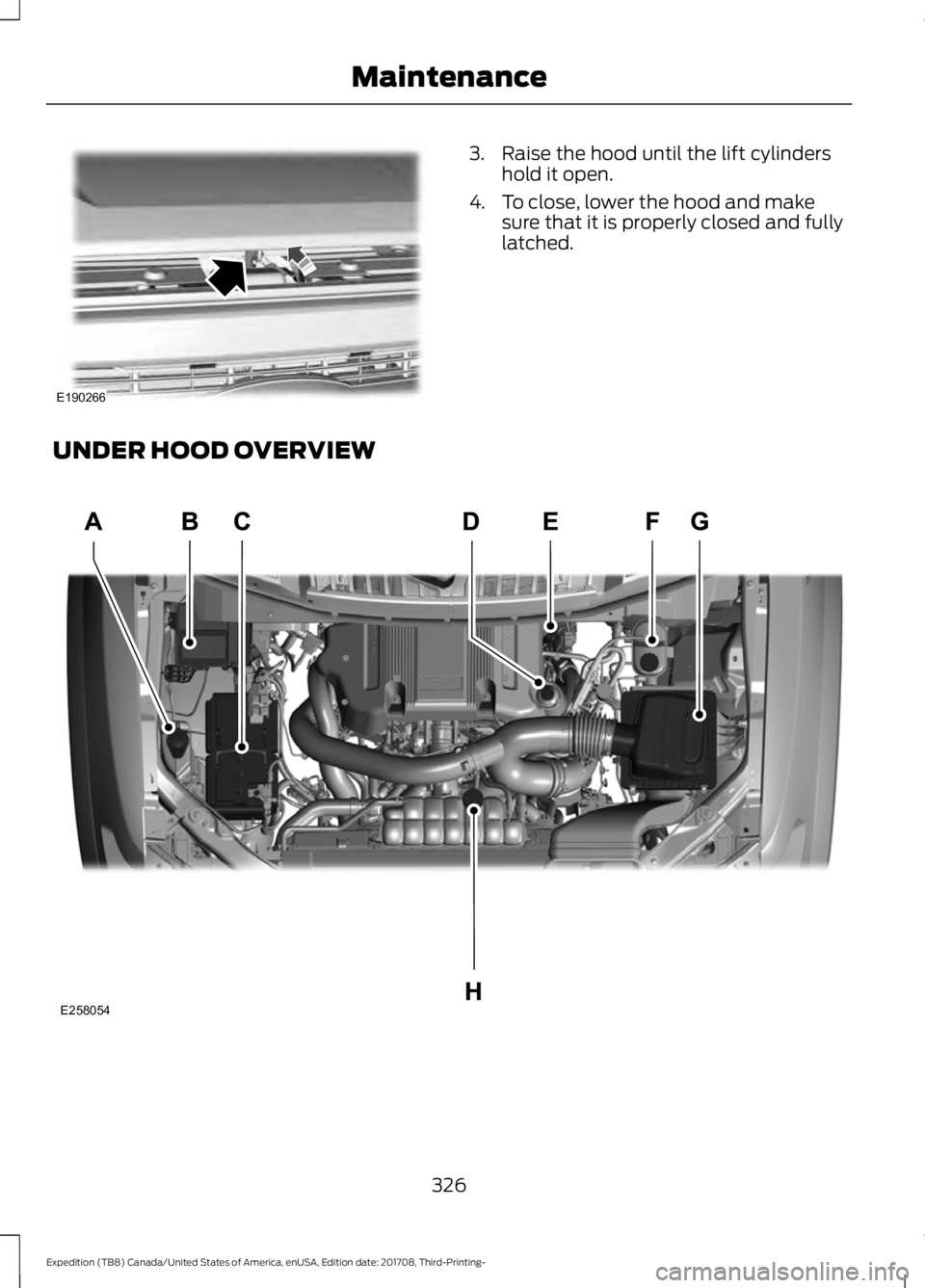 FORD EXPEDITION 2018  Owners Manual 3. Raise the hood until the lift cylinders
hold it open.
4. To close, lower the hood and make sure that it is properly closed and fully
latched.
UNDER HOOD OVERVIEW 326
Expedition (TB8) Canada/United 