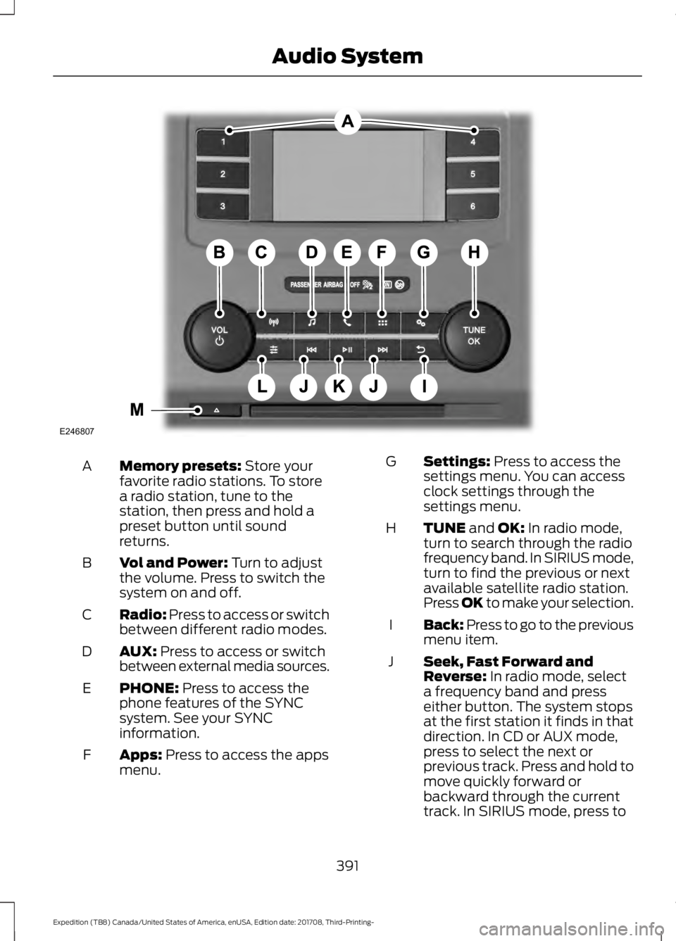 FORD EXPEDITION 2018  Owners Manual Memory presets: Store your
favorite radio stations. To store
a radio station, tune to the
station, then press and hold a
preset button until sound
returns.
A
Vol and Power:
 Turn to adjust
the volume.