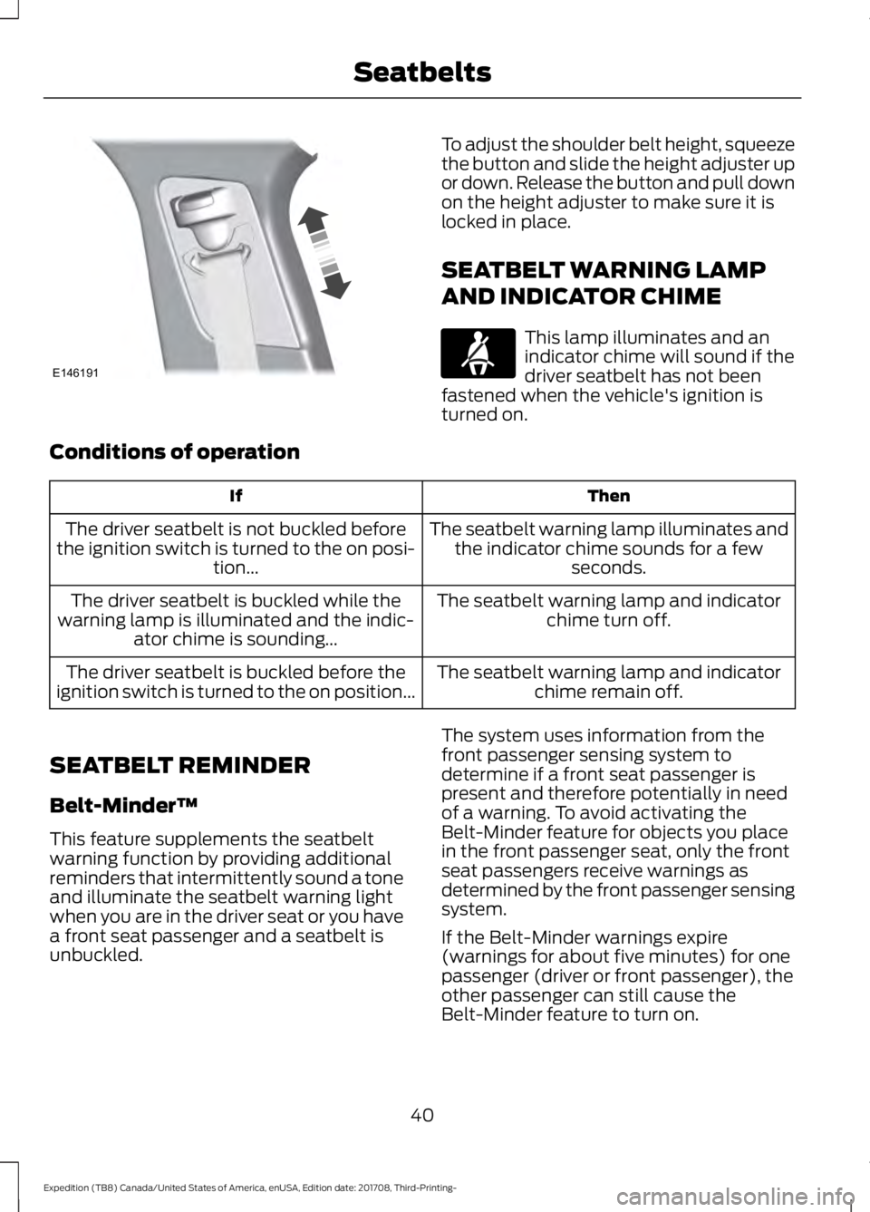 FORD EXPEDITION 2018 Service Manual To adjust the shoulder belt height, squeeze
the button and slide the height adjuster up
or down. Release the button and pull down
on the height adjuster to make sure it is
locked in place.
SEATBELT WA FORD EXPEDITION 2018 Service Manual To adjust the shoulder belt height, squeeze
the button and slide the height adjuster up
or down. Release the button and pull down
on the height adjuster to make sure it is
locked in place.
SEATBELT WA