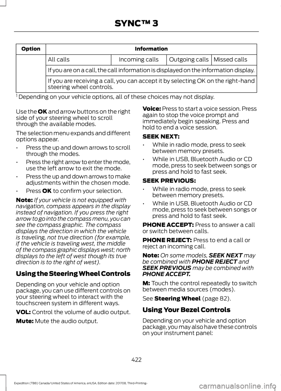 FORD EXPEDITION 2018 Owners Manual Information
Option
Missed calls
Outgoing calls
Incoming calls
All calls
If you are on a call, the call information is displayed on the information display.
If you are receiving a call, you can accept FORD EXPEDITION 2018 Owners Manual Information
Option
Missed calls
Outgoing calls
Incoming calls
All calls
If you are on a call, the call information is displayed on the information display.
If you are receiving a call, you can accept