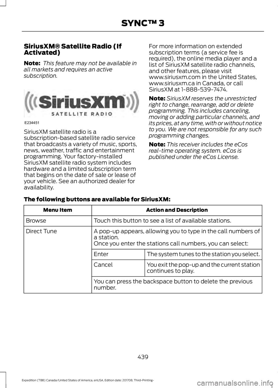 FORD EXPEDITION 2018  Owners Manual SiriusXM® Satellite Radio (If
Activated)
Note:
 This feature may not be available in
all markets and requires an active
subscription. SiriusXM satellite radio is a
subscription-based satellite radio 