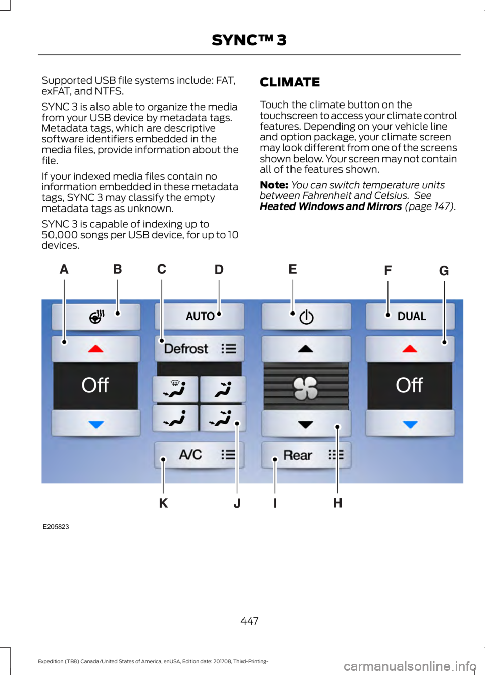FORD EXPEDITION 2018  Owners Manual Supported USB file systems include: FAT,
exFAT, and NTFS.
SYNC 3 is also able to organize the media
from your USB device by metadata tags.
Metadata tags, which are descriptive
software identifiers emb