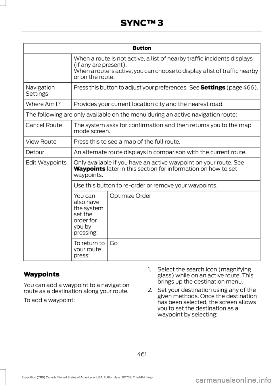 FORD EXPEDITION 2018 Owners Manual Button
When a route is not active, a list of nearby traffic incidents displays
(if any are present).
When a route is active, you can choose to display a list of traffic nearby
or on the route.
Press t FORD EXPEDITION 2018 Owners Manual Button
When a route is not active, a list of nearby traffic incidents displays
(if any are present).
When a route is active, you can choose to display a list of traffic nearby
or on the route.
Press t