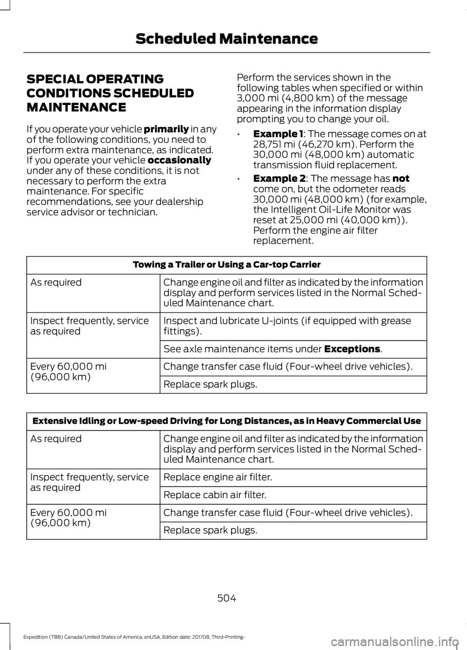 FORD EXPEDITION 2018 Owners Manual SPECIAL OPERATING
CONDITIONS SCHEDULED
MAINTENANCE
If you operate your vehicle primarily in any
of the follo
wing conditions, you need to
perform extra maintenance, as indicated.
If you operate your v FORD EXPEDITION 2018 Owners Manual SPECIAL OPERATING
CONDITIONS SCHEDULED
MAINTENANCE
If you operate your vehicle primarily in any
of the follo
wing conditions, you need to
perform extra maintenance, as indicated.
If you operate your v