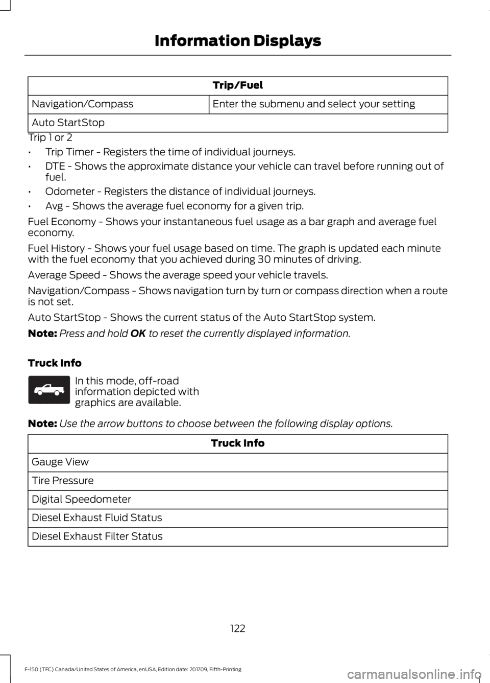 FORD F-150 2018 Owners Manual Trip/Fuel
Enter the submenu and select your setting
Navigation/Compass
Auto StartStop
Trip 1 or 2
• Trip Timer - Registers the time of individual journeys.
• DTE - Shows the approximate distance y FORD F-150 2018 Owners Manual Trip/Fuel
Enter the submenu and select your setting
Navigation/Compass
Auto StartStop
Trip 1 or 2
• Trip Timer - Registers the time of individual journeys.
• DTE - Shows the approximate distance y