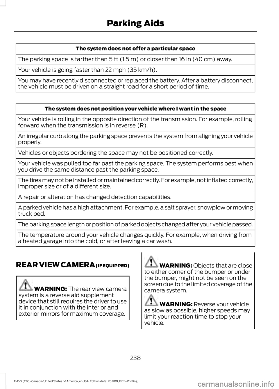 FORD F-150 2018 Owners Manual The system does not offer a particular space
The parking space is farther than 5 ft (1.5 m) or closer than 16 in (40 cm) away.
Your vehicle is going faster than
22 mph (35 km/h).
You may have recentl FORD F-150 2018 Owners Manual The system does not offer a particular space
The parking space is farther than 5 ft (1.5 m) or closer than 16 in (40 cm) away.
Your vehicle is going faster than
22 mph (35 km/h).
You may have recentl
