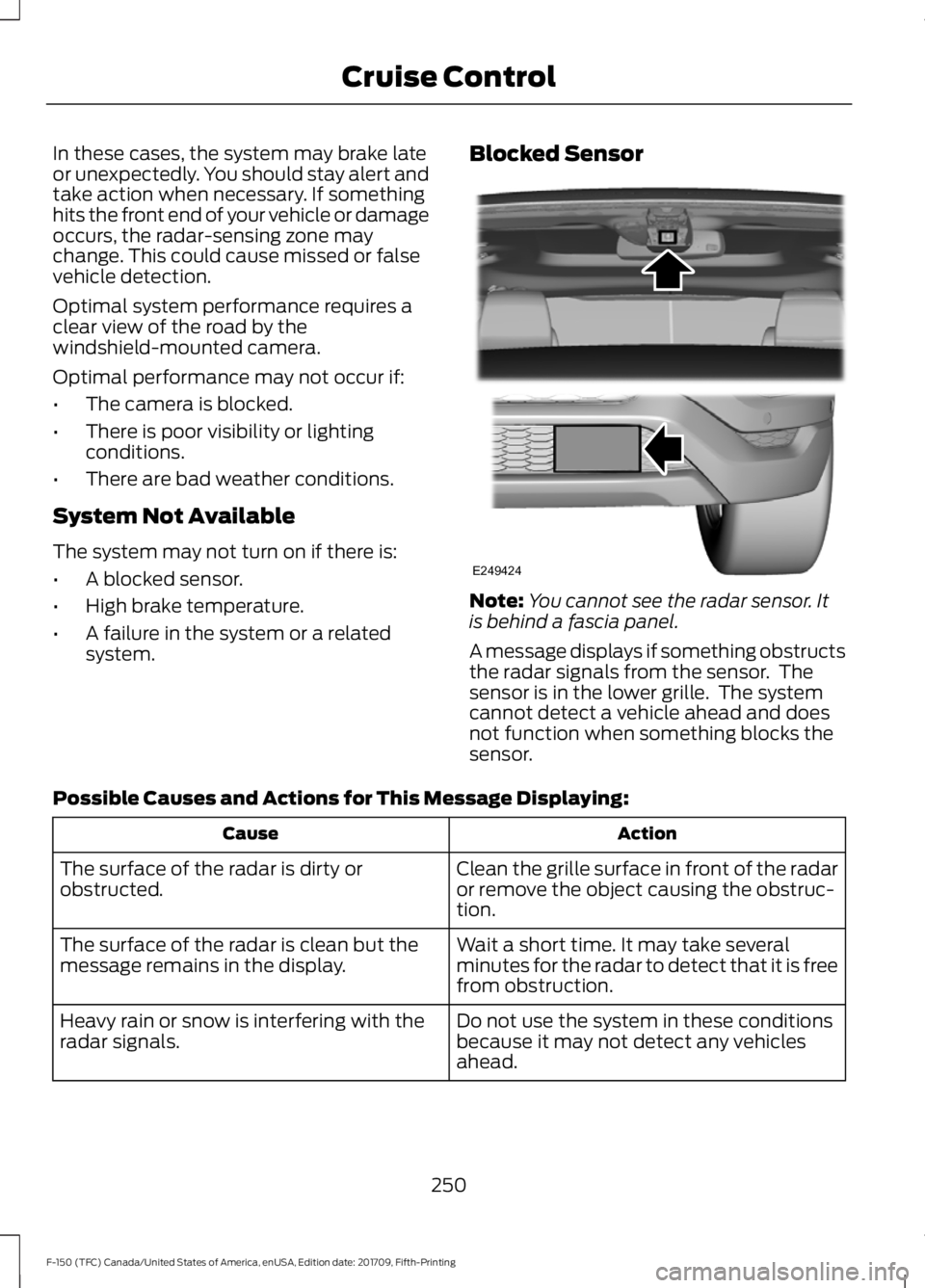 FORD F-150 2018 Owners Guide In these cases, the system may brake late
or unexpectedly. You should stay alert and
take action when necessary. If something
hits the front end of your vehicle or damage
occurs, the radar-sensing zon FORD F-150 2018 Owners Guide In these cases, the system may brake late
or unexpectedly. You should stay alert and
take action when necessary. If something
hits the front end of your vehicle or damage
occurs, the radar-sensing zon
