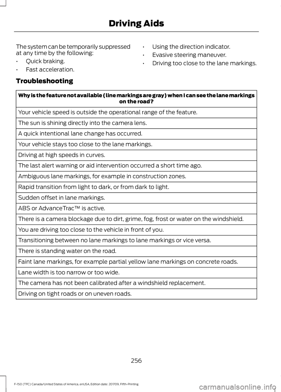 FORD F-150 2018 Owners Manual The system can be temporarily suppressed
at any time by the following:
•
Quick braking.
• Fast acceleration. •
Using the direction indicator.
• Evasive steering maneuver.
• Driving too close FORD F-150 2018 Owners Manual The system can be temporarily suppressed
at any time by the following:
•
Quick braking.
• Fast acceleration. •
Using the direction indicator.
• Evasive steering maneuver.
• Driving too close