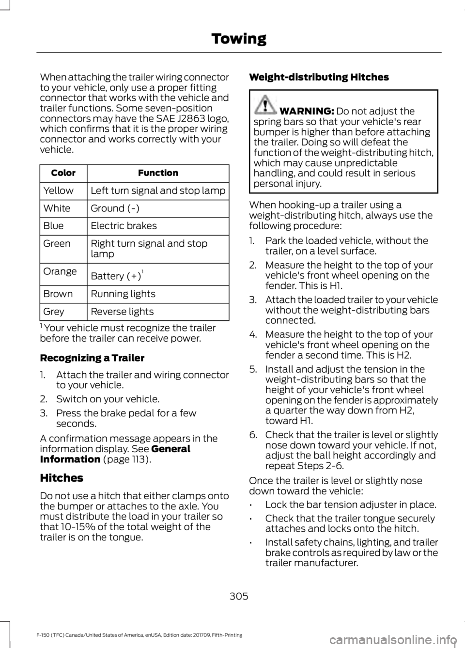 FORD F-150 2018 Owners Manual When attaching the trailer wiring connector
to your vehicle, only use a proper fitting
connector that works with the vehicle and
trailer functions. Some seven-position
connectors may have the SAE J286 FORD F-150 2018 Owners Manual When attaching the trailer wiring connector
to your vehicle, only use a proper fitting
connector that works with the vehicle and
trailer functions. Some seven-position
connectors may have the SAE J286