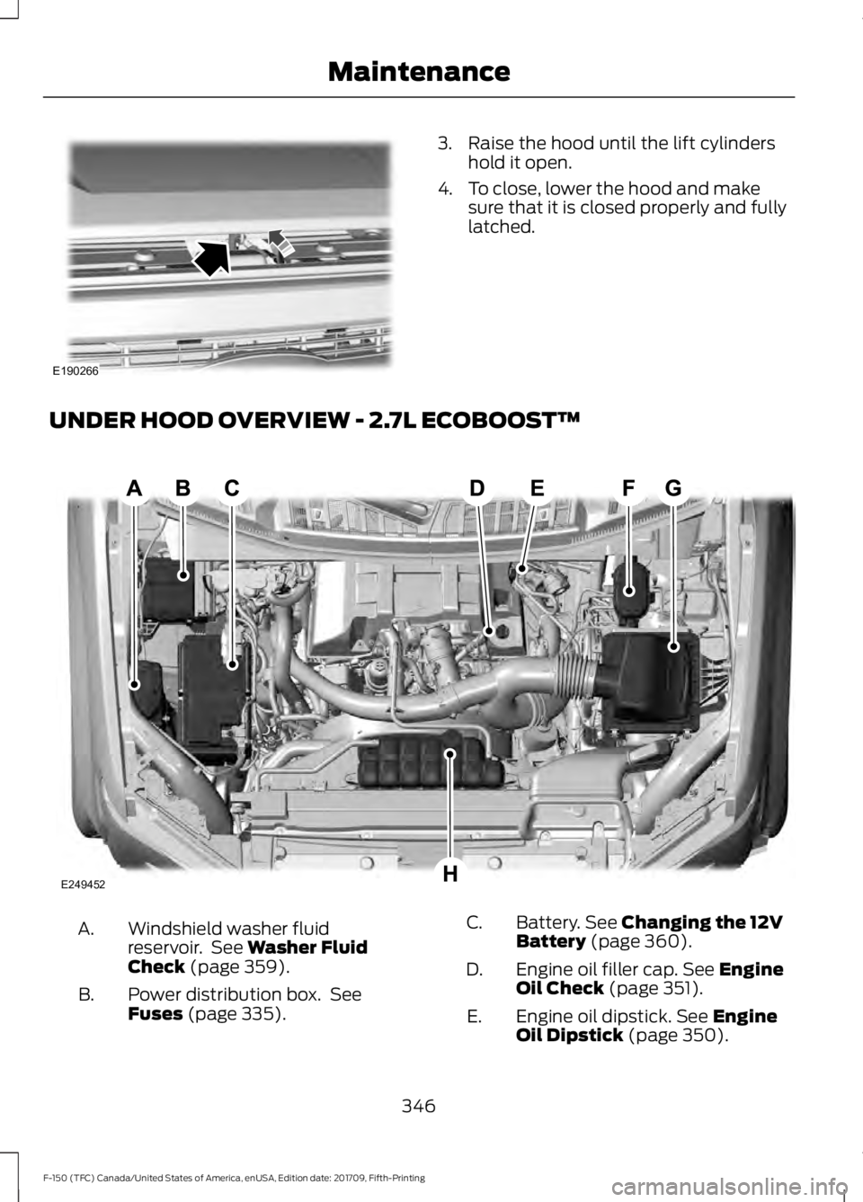 FORD F-150 2018  Owners Manual 3. Raise the hood until the lift cylinders
hold it open.
4. To close, lower the hood and make sure that it is closed properly and fully
latched.
UNDER HOOD OVERVIEW - 2.7L ECOBOOST™ Windshield washe