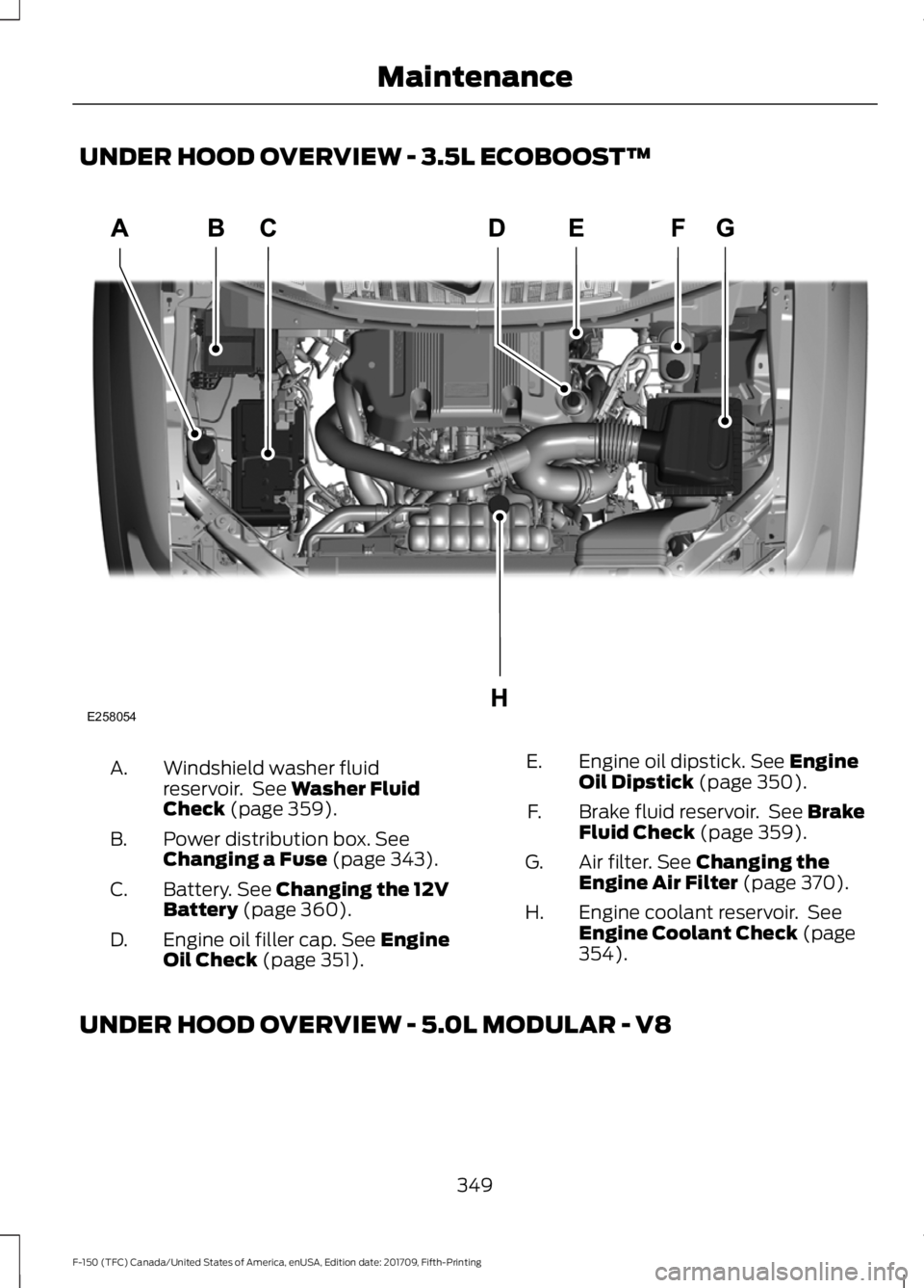 FORD F-150 2018  Owners Manual UNDER HOOD OVERVIEW - 3.5L ECOBOOST™
Windshield washer fluid
reservoir.  See Washer Fluid
Check (page 359).
A.
Power distribution box.
 See
Changing a Fuse (page 343).
B.
Battery.
 See Changing the 