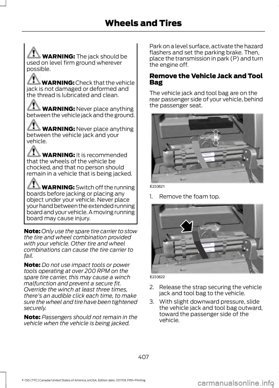 FORD F-150 2018  Owners Manual WARNING: The jack should be
used on level firm ground wherever
possible. WARNING: 
Check that the vehicle
jack is not damaged or deformed and
the thread is lubricated and clean. WARNING: 
Never place 