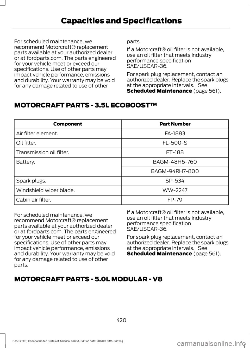 FORD F-150 2018  Owners Manual For scheduled maintenance, we
recommend Motorcraft® replacement
parts available at your authorized dealer
or at fordparts.com. The parts engineered
for your vehicle meet or exceed our
specifications.